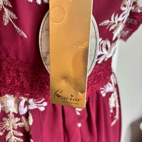 Cariar Vintage Women's Large Burgundy Floral Dress Embroidered Lace Puff Sleeve - Picture 11 of 16